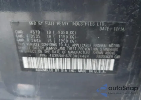 2015 Subaru Legacy 2.5I Premium z USA, uszkodzony, nr VIN 4S3BNAH67F3034484